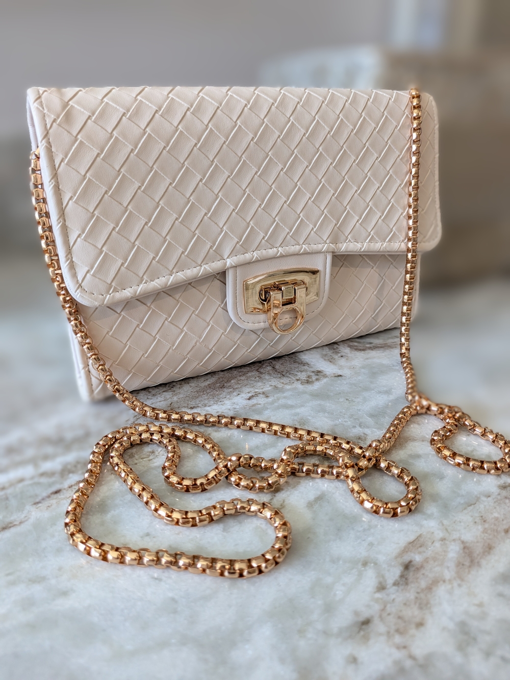 Women's Cream Woven Leather Dressy Crossbody Bag with Gold Chain
